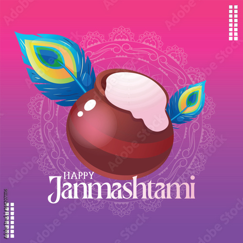 Description: A modern and vibrant Janmashtami graphic featuring a stylized Dahi Handi pot with makhan, adorned with peacock feathers. The design is perfect for a contemporary greeting card.