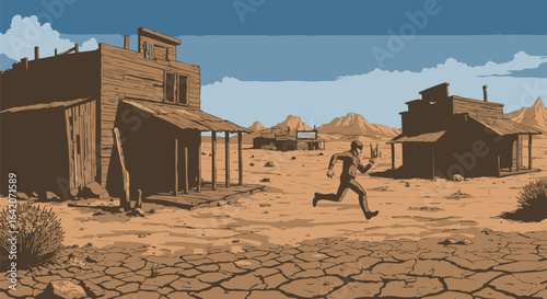 Retro pixel art of a cowboy running through an abandoned desert town. Old West videogame scene with a gunman escaping.