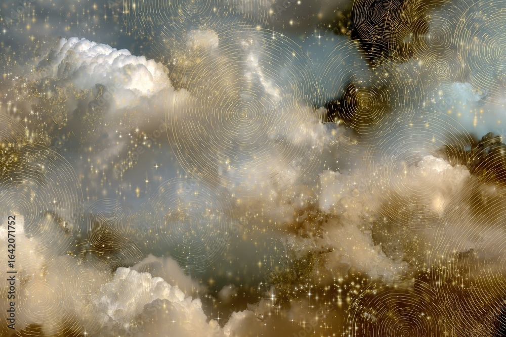Obraz premium Celestial cloudscapes with golden spiral patterns.