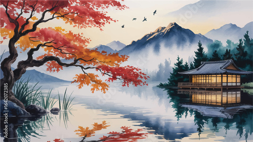 Serene Autumnal Landscape with Lake House and Mountains a Watercolor Painting Depicting Tranquility and Natural Beauty