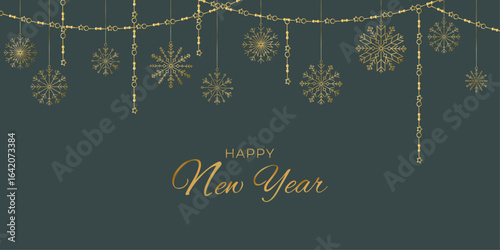 Happy New Year luxury greeting with hanging gold snowflakes and bead garlands on dark green background — elegant festive vector illustration for holiday cards, invitations and web design