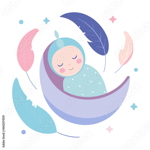 Newborn Swaddled in Crescent Moon Cradle with Soft Night Lights Vector