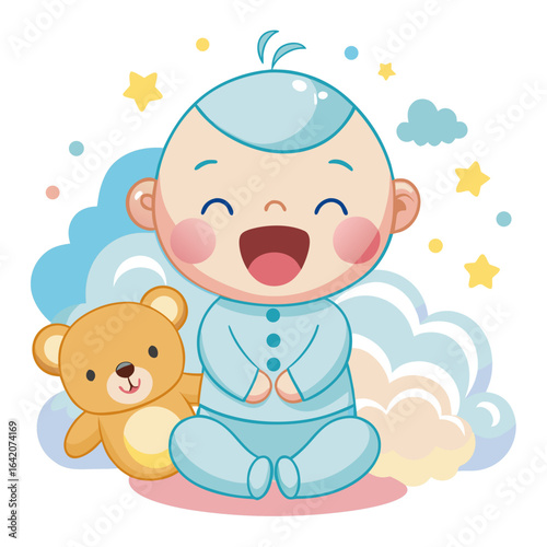 Cartoon Baby Yawning with Teddy Bear and Dreamy Clouds Vector Illustration