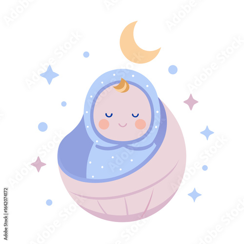 Peaceful Baby Sleeping in Cozy Crib with Moon and Stars, Pastel Vector Illustration