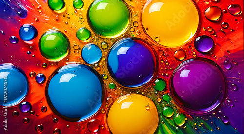 Vibrant Rainbow Colored Oil Bubbles on a Colorful Swirled Background: Abstract Macro Photography