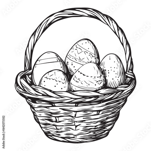 A charming vintage art silhouette of an easter basket filled with decorative patterned eggs ready for the holiday.