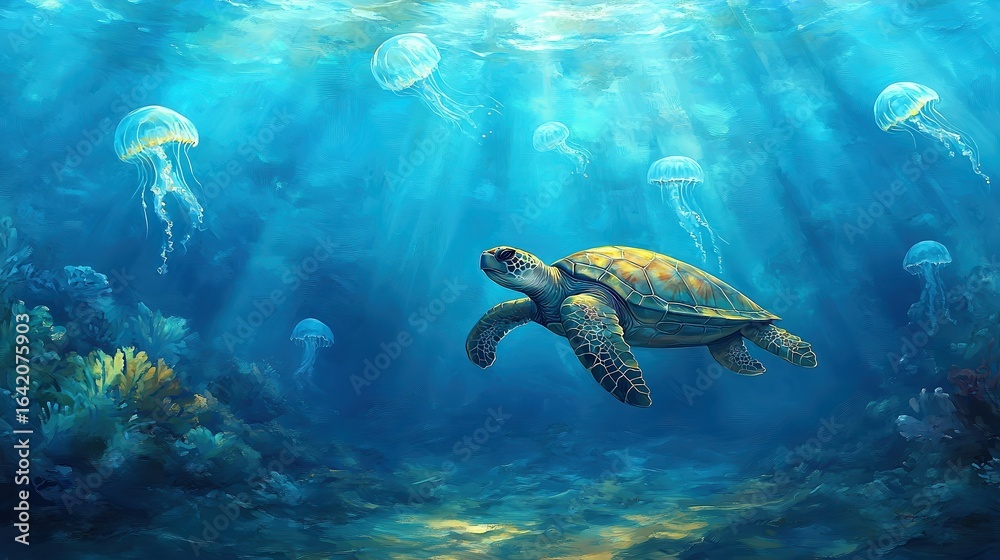 Fototapeta premium An underwater scene featuring a sea turtle swimming gracefully among jellyfish, illuminated by soft sunlight filtering through the water