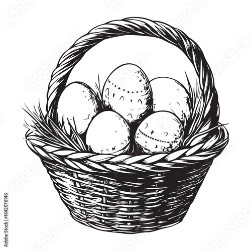 A charming vintage art silhouette of an easter basket filled with decorative patterned eggs ready for the holiday.