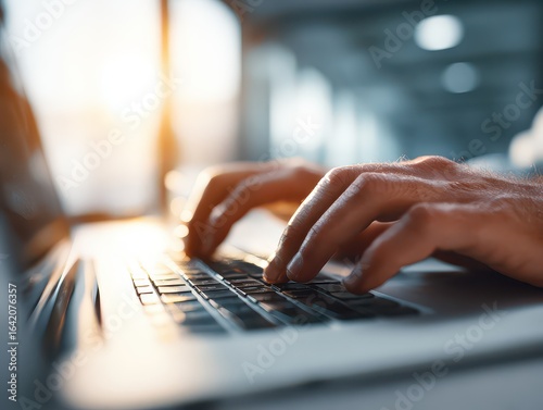 Closeup of Hands typing on laptop computer keyboard. Businessman working at desk in office. Using technologies in business.