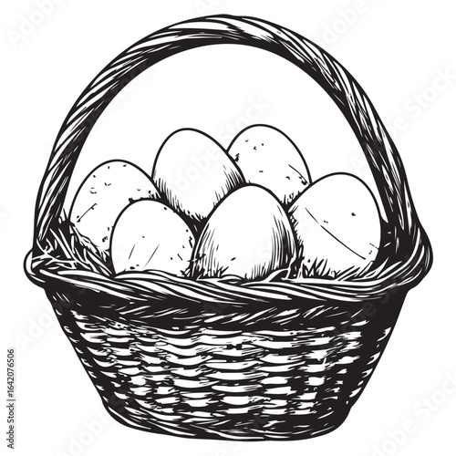 A charming vintage art silhouette of an easter basket filled with decorative patterned eggs ready for the holiday.