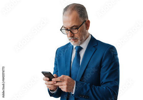 Mature businessman in a blue suit using his smartphone on transparent background 