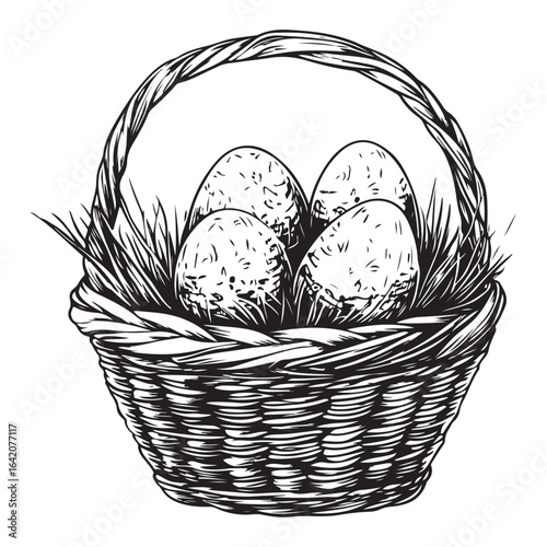 A charming vintage art silhouette of an easter basket filled with decorative patterned eggs ready for the holiday.