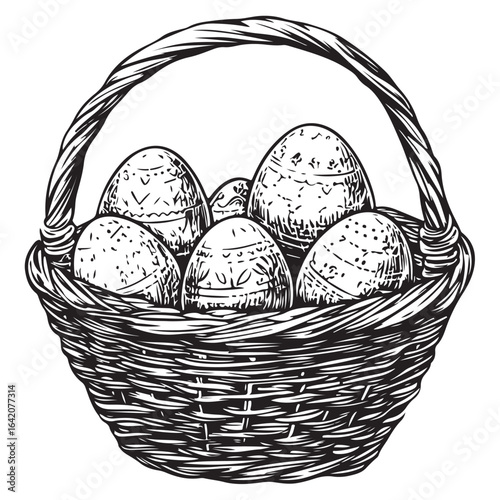 A charming vintage art silhouette of an easter basket filled with decorative patterned eggs ready for the holiday.