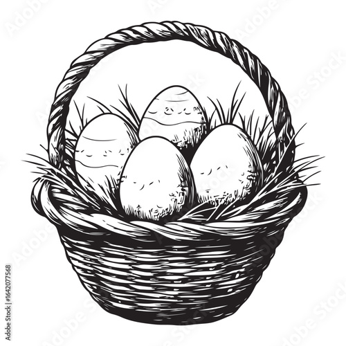 A charming vintage art silhouette of an easter basket filled with decorative patterned eggs ready for the holiday.