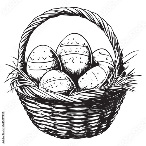 A charming vintage art silhouette of an easter basket filled with decorative patterned eggs ready for the holiday.