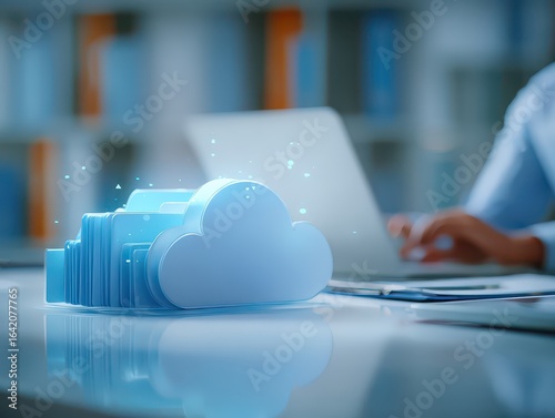 Cloud computing and storage. Remote accessing folders and files in data server. Document management system DMS. Businessman typing on laptop computer keyboard at desk in office.