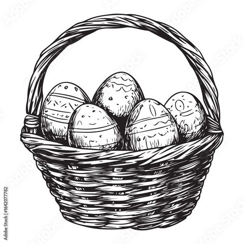 A charming vintage art silhouette of an easter basket filled with decorative patterned eggs ready for the holiday.