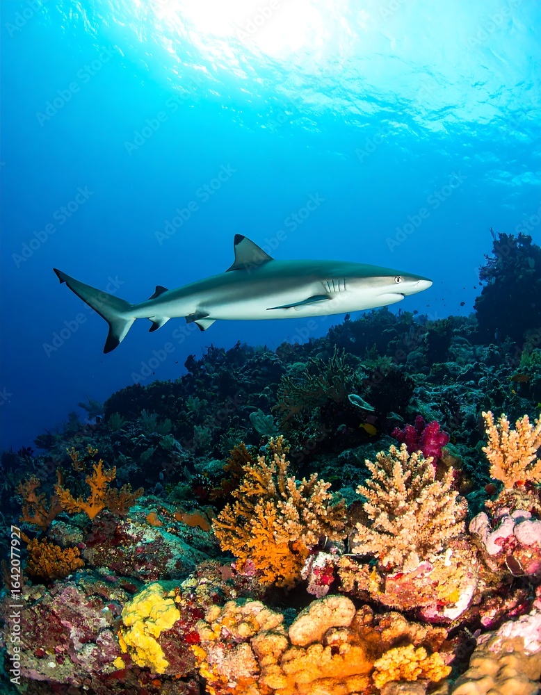 Fototapeta premium Shark swimming among coral reefs