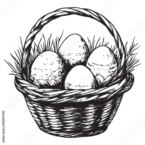 A charming vintage art silhouette of an easter basket filled with decorative patterned eggs ready for the holiday.
