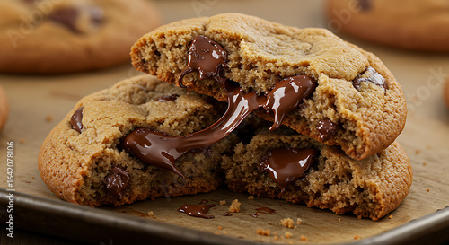 A mouth-watering close-up of a freshly baked chocolate chip cookie, broken in half to reveal a deliciously warm and gooey melted chocolate center.