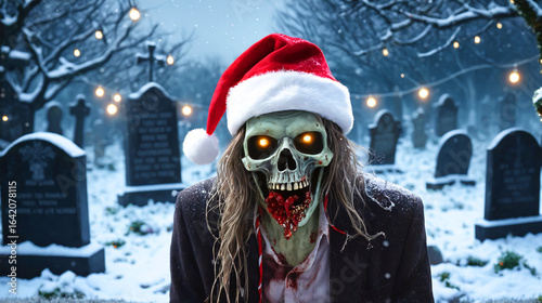Zombie Santa Claus in a snowy graveyard, a creepy Christmas scene