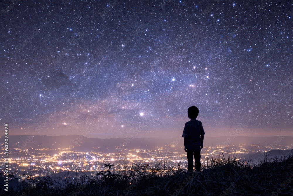 Obraz premium Child Gazing at the Starry Night Sky Above a City, Contemplating the Universe and Future