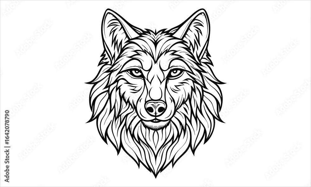 Fototapeta premium Wolf Head t shirt design silhouette and vector line art, high-quality illustration ideal for adult coloring books, art therapy, relaxation and stress relief printable designs