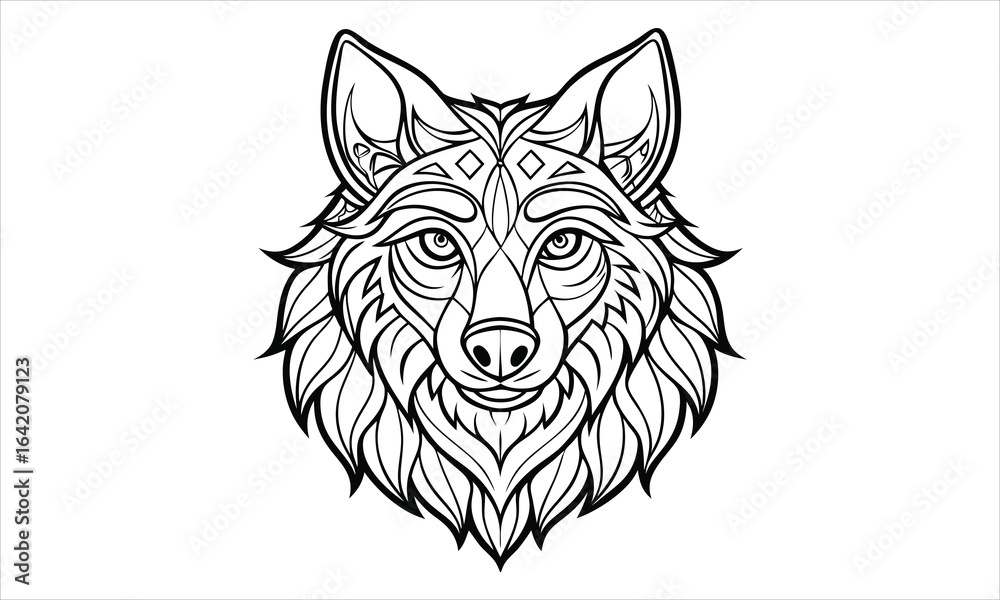 Fototapeta premium Wolf Head t shirt design silhouette and vector line art, high-quality illustration ideal for adult coloring books, art therapy, relaxation and stress relief printable designs