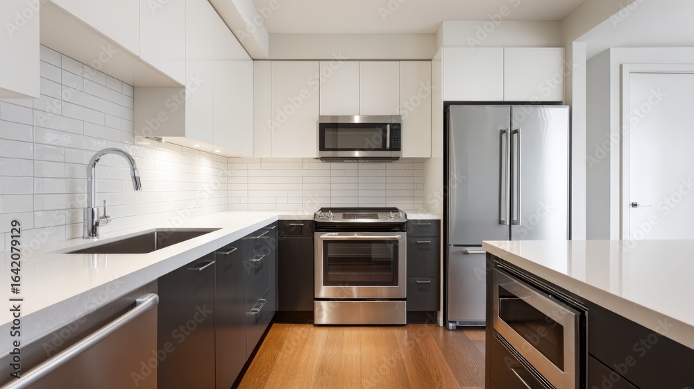 Fototapeta premium Modern Kitchen Interior Design with Stainless Steel Appliances and White Cabinets for Home Improvement