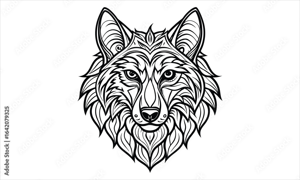 Obraz premium Wolf Head t shirt design silhouette and vector line art, high-quality illustration ideal for adult coloring books, art therapy, relaxation and stress relief printable designs