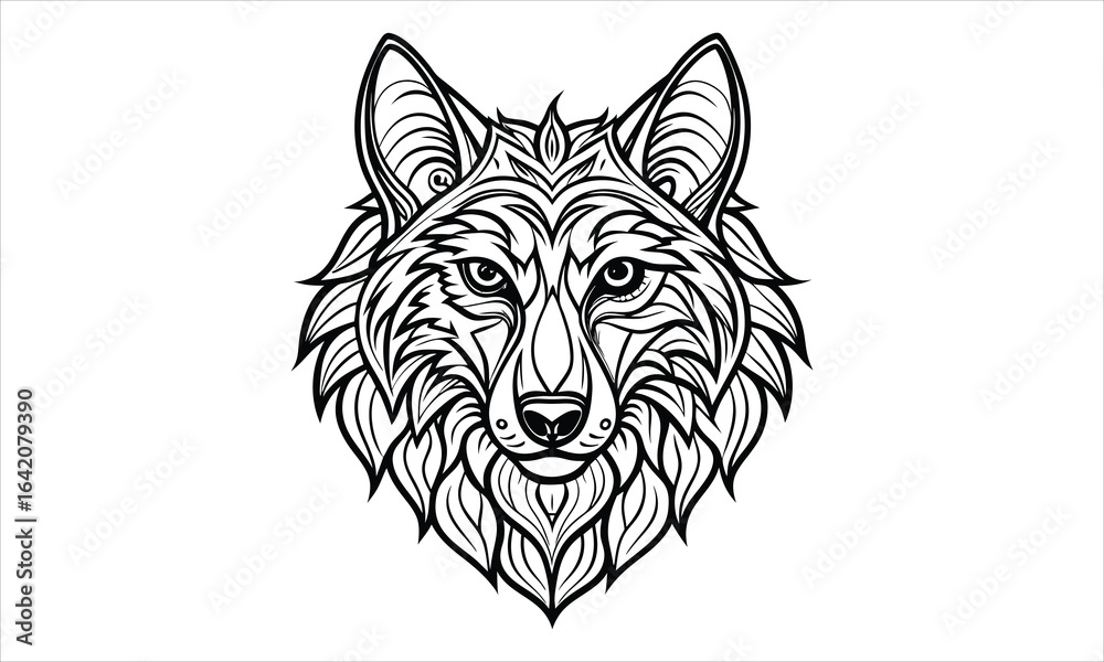 Obraz premium Wolf Head t shirt design silhouette and vector line art, high-quality illustration ideal for adult coloring books, art therapy, relaxation and stress relief printable designs