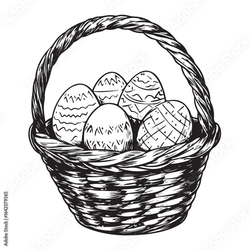 A charming vintage art silhouette of an easter basket filled with decorative patterned eggs ready for the holiday.