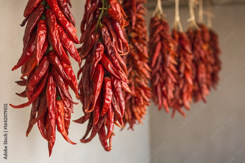 Obraz premium Strings of dried red chili peppers hanging as a decorative and flavorful ingredient for cooking and seasoning food