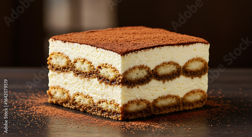 An exquisite and decadent square slice of classic Italian tiramisu, showcased in a professional studio setting. 
