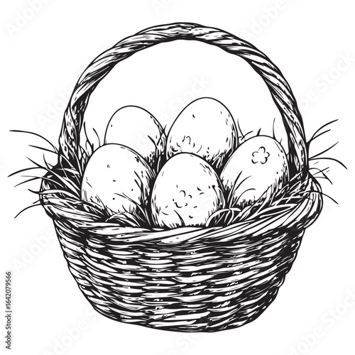 A charming vintage art silhouette of an easter basket filled with decorative patterned eggs ready for the holiday.