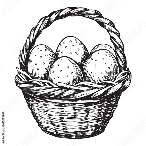 A charming vintage art silhouette of an easter basket filled with decorative patterned eggs ready for the holiday.