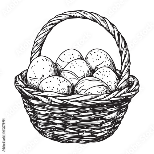 A charming vintage art silhouette of an easter basket filled with decorative patterned eggs ready for the holiday.