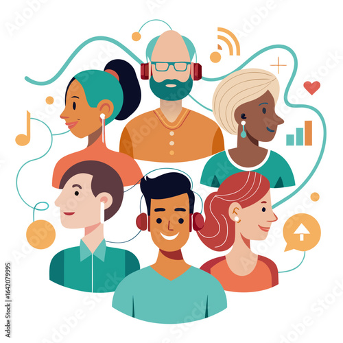 Diverse People Connected by Sound Waves Hearing Awareness Vector

