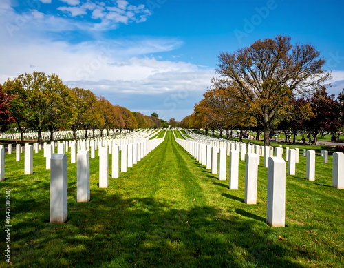 A serene military cemetery under a partly cloudy sky
