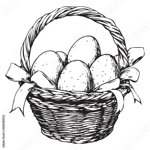 A charming vintage art silhouette of an easter basket filled with decorative patterned eggs ready for the holiday.