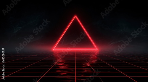 Wallpaper Mural A vibrant red triangle emits a striking glow, set against a dark background. The reflective surface below enhances the triangle's intensity, creating an atmospheric visual experience. Torontodigital.ca