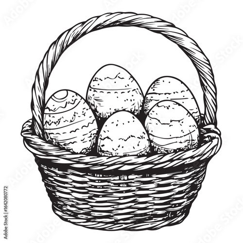A charming vintage art silhouette of an easter basket filled with decorative patterned eggs ready for the holiday.