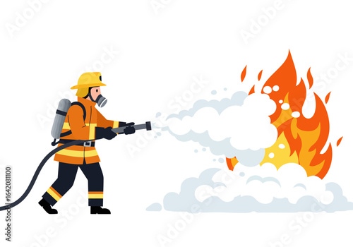 Firefighter extinguishing flames with water hose in action