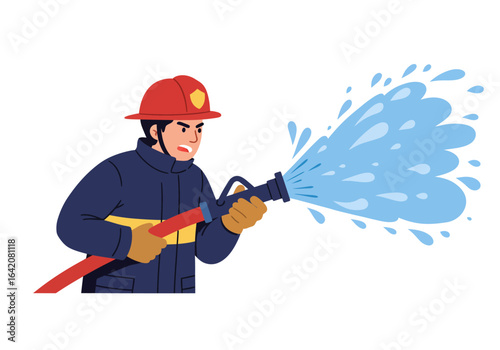 Firefighter with Hose Spraying Water, Wearing Protective Gear and Red Helmet