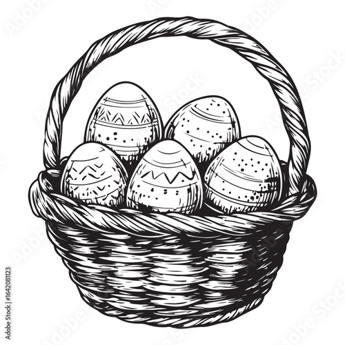 A charming vintage art silhouette of an easter basket filled with decorative patterned eggs ready for the holiday.
