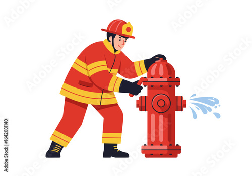 Firefighter operating a red fire hydrant with water spraying out.