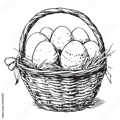 A charming vintage art silhouette of an easter basket filled with decorative patterned eggs ready for the holiday.