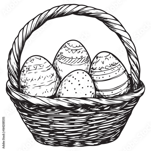A charming vintage art silhouette of an easter basket filled with decorative patterned eggs ready for the holiday.
