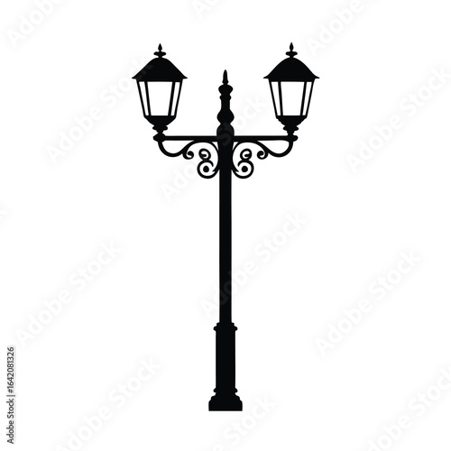 ornate vintage street lamp silhouette on white background