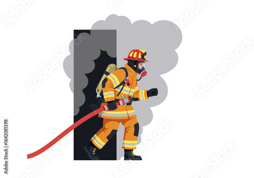 Firefighter in Action with Hose and Protective Gear